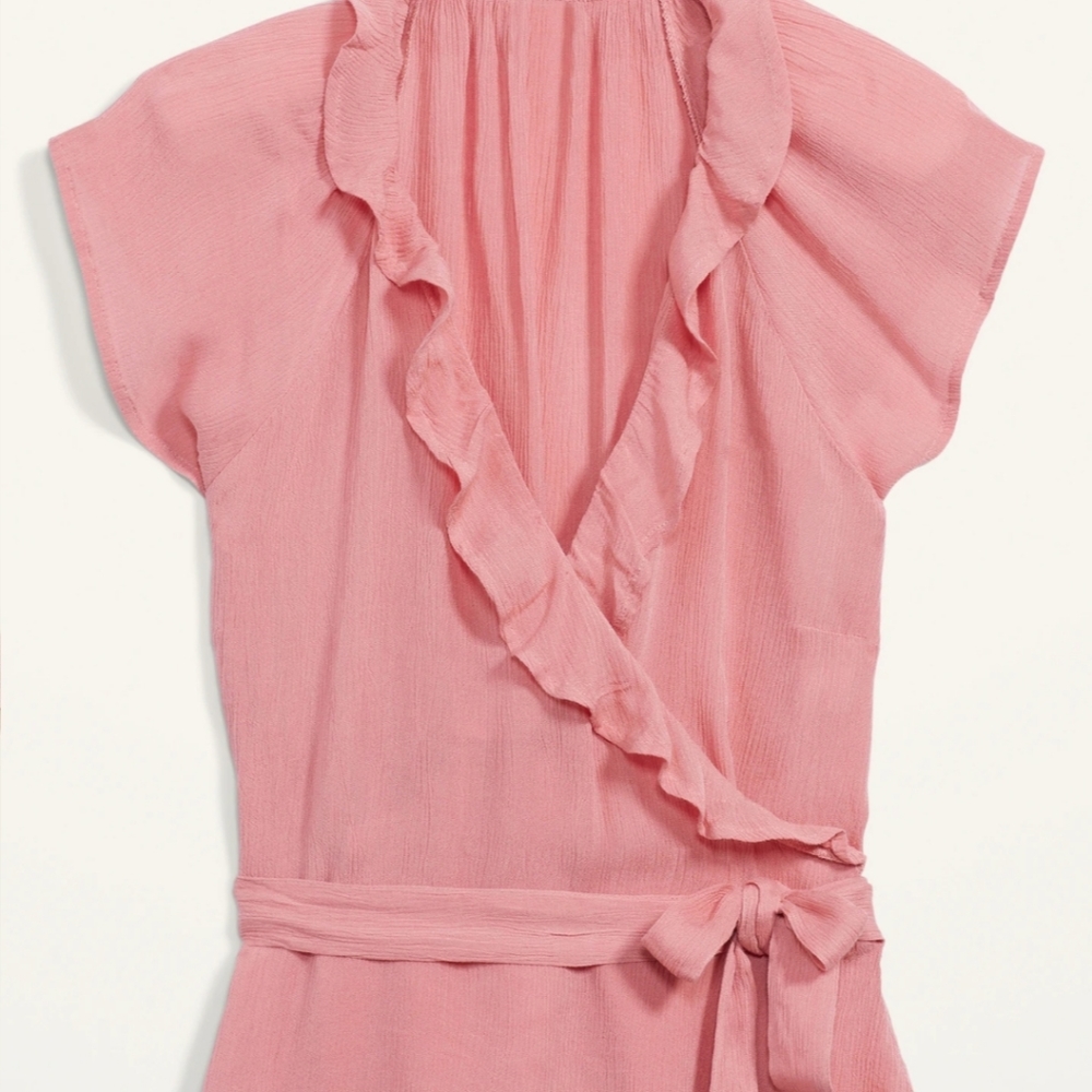Ruffle tie-belt crinkled texture wrapped top